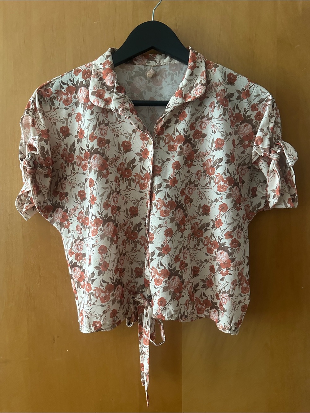 Vintage Floral Tie-Front Short Sleeve Blouse - Cream with Dusty Rose